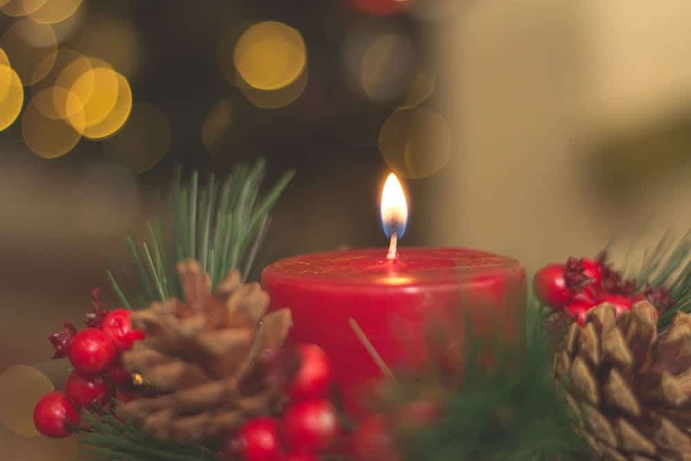 Red candle, pine cone, berries & pine needles